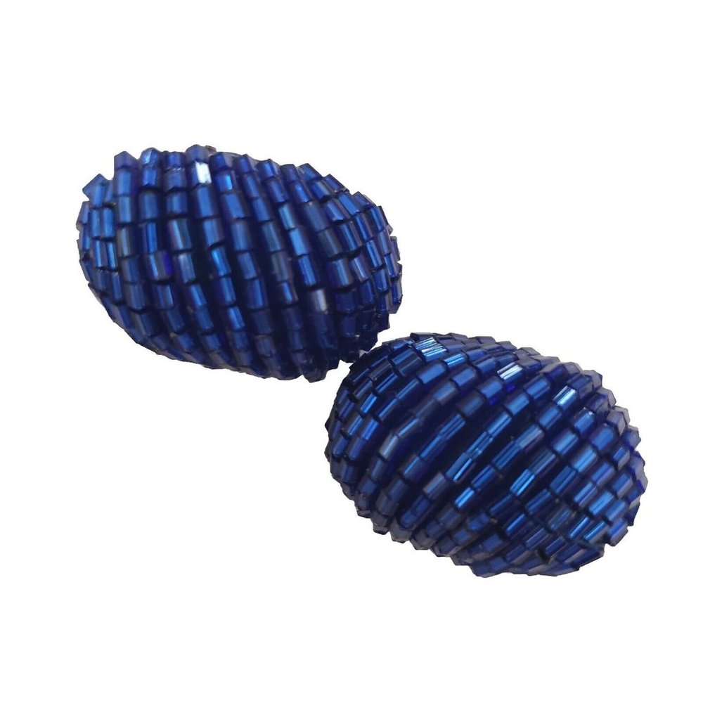 Vintage Seed Bead Earrings Clip-On Cobalt Blue